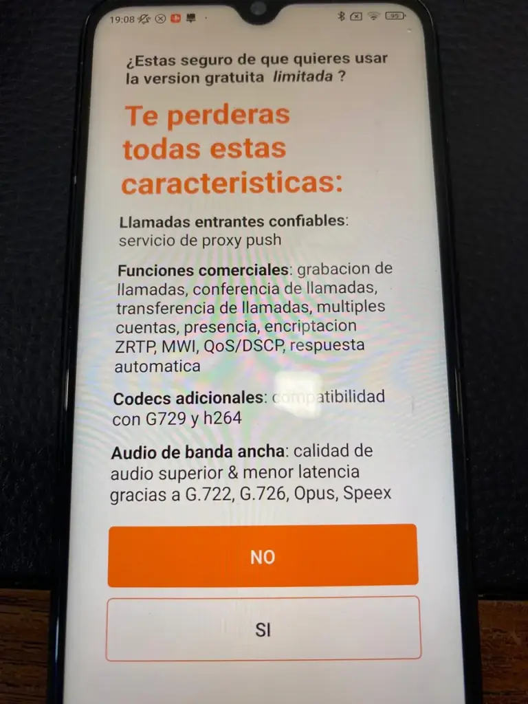 Pulsa «SÍ» para confirmar que quieres usar la versión gratuita limitada.