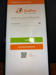 Pantalla inicial para introducir el usuario y la contraseña SIP.