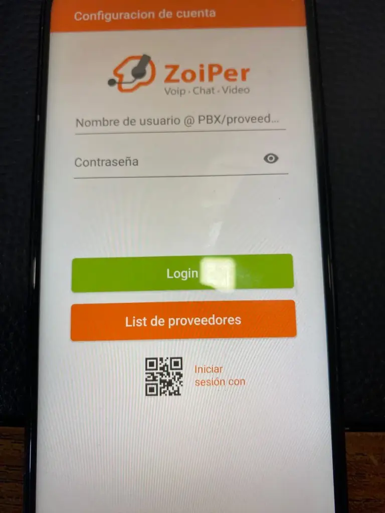 Pantalla inicial para introducir el usuario y la contraseña SIP.