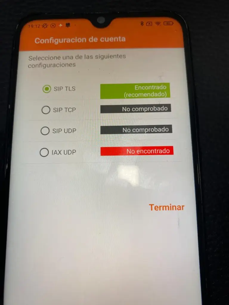 SIP TLS aparece encontrado y seleccionado. Pulsa «Terminar».